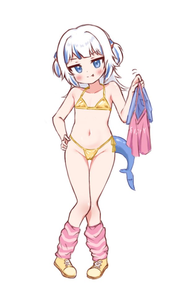 1girl, bikini, flat_chest, full_body, gawr_gura, gba_jasjas, gold_bikini, hololive, hololive_english, loli, micro_bikini, side-tie_bikini_bottom, solo, standing, swimsuit, undressing, virtual_youtuber