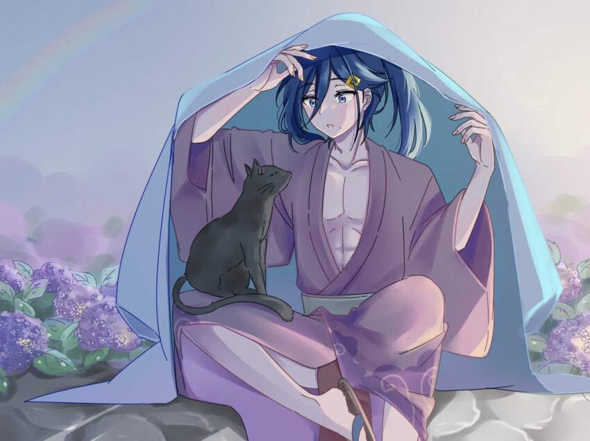 1boy, abs, ahoge, bare_shoulders, black_cat, blue_eyes, blue_hair, cat