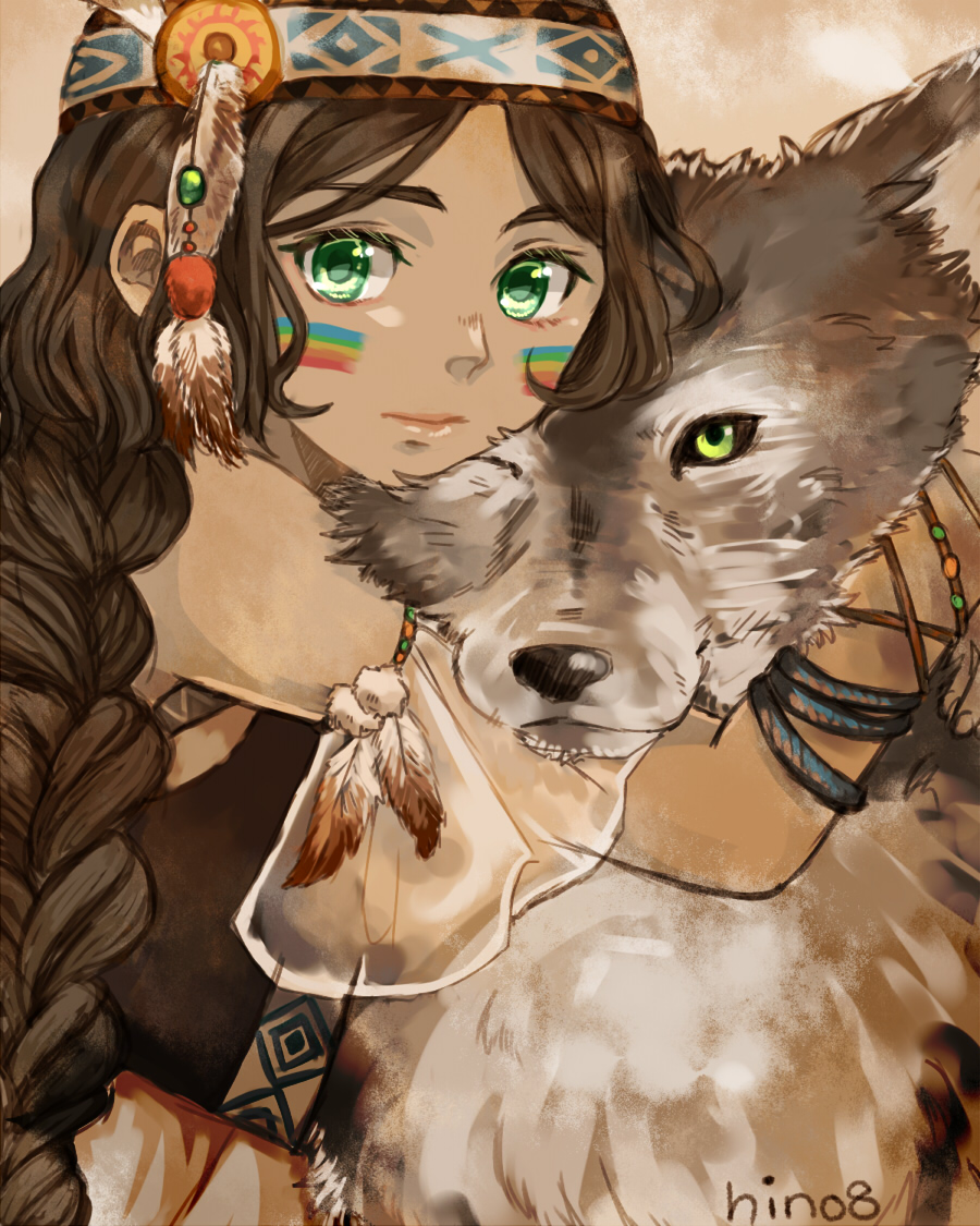 animal, animal_hug, black_hair, black_shirt, bracelet, braid, breasts, brown_background