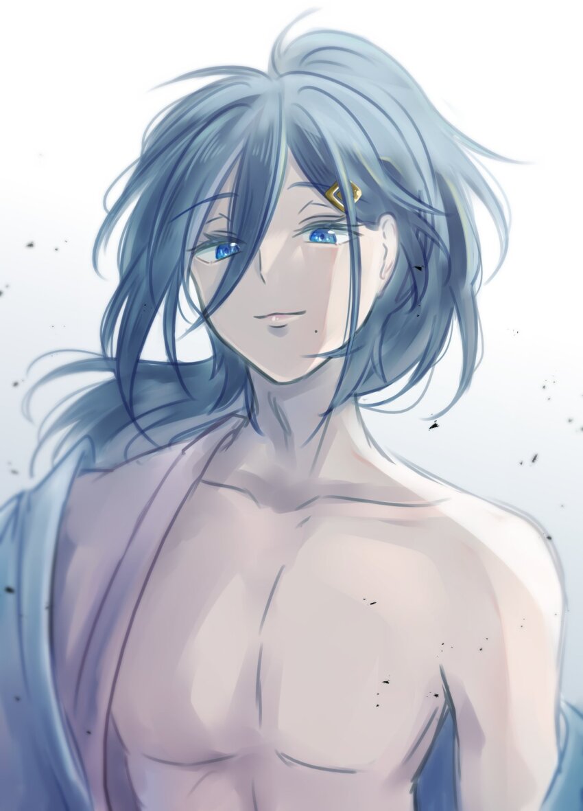 1boy, ahoge, bare_shoulders, blue_eyes, blue_hair, cecilus_segmunt, closed_mouth, collarbone