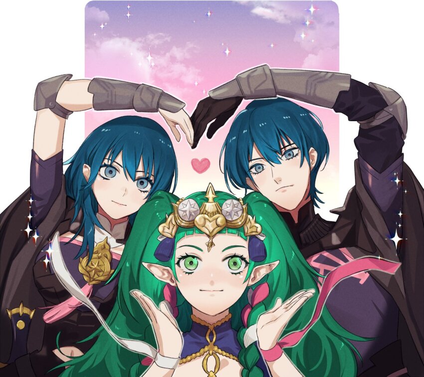 1boy, 2girls, armor, black_gloves, blue_eyes, blue_hair, closed_mouth, commentary_request