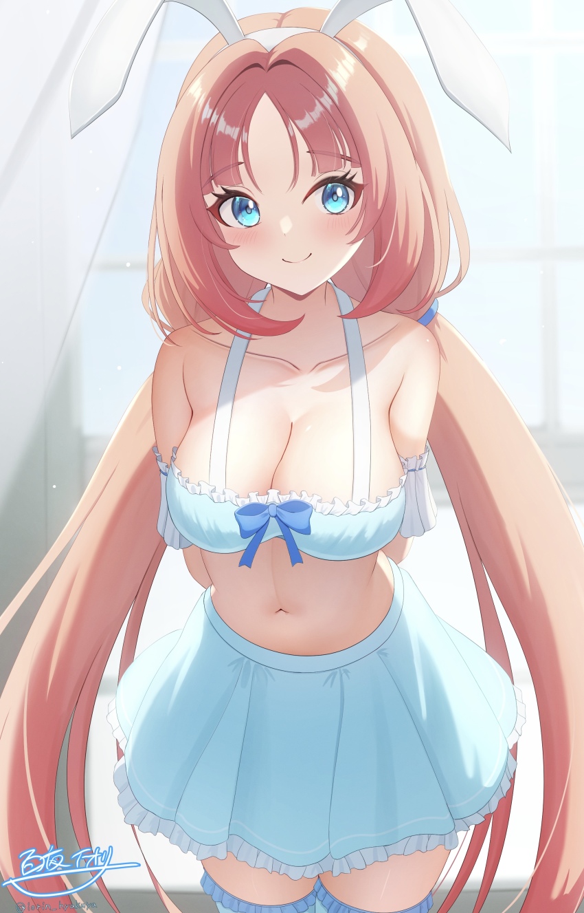 1girl, absurdres, alternate_costume, animal_ear_hairband, animal_ears, arms_behind_back, bare_shoulders, blue_bow, blue_eyes, blue_skirt, blue_thighhighs, blush, bow, breasts, cleavage, closed_mouth, collarbone, commentary_request, day, fake_animal_ears, genshin_impact, hairband, highres, hyakuya_iori, indoors, large_breasts, long_hair, looking_at_viewer, navel, nilou_(genshin_impact), rabbit_ears, red_hair, signature, skirt, smile, solo, stomach, thighhighs, twitter_username, very_long_hair, white_hairband