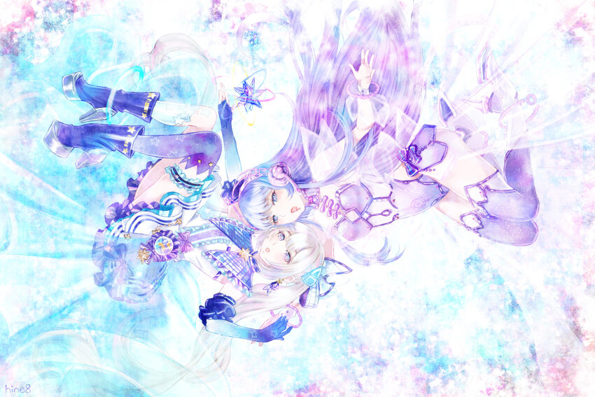 2girls, bare_shoulders, blonde_hair, blue_background, blue_gloves, blue_sleeves, boots, bow