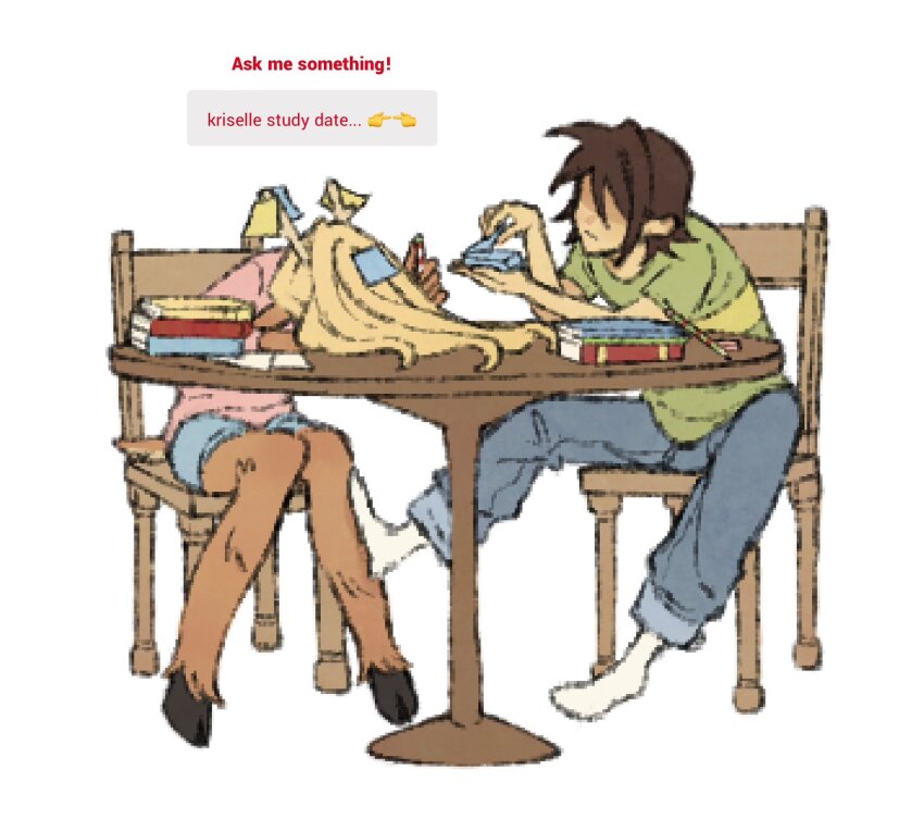 1girl, 1other, blonde_hair, book, brown_hair, chair, commentary, deltarune