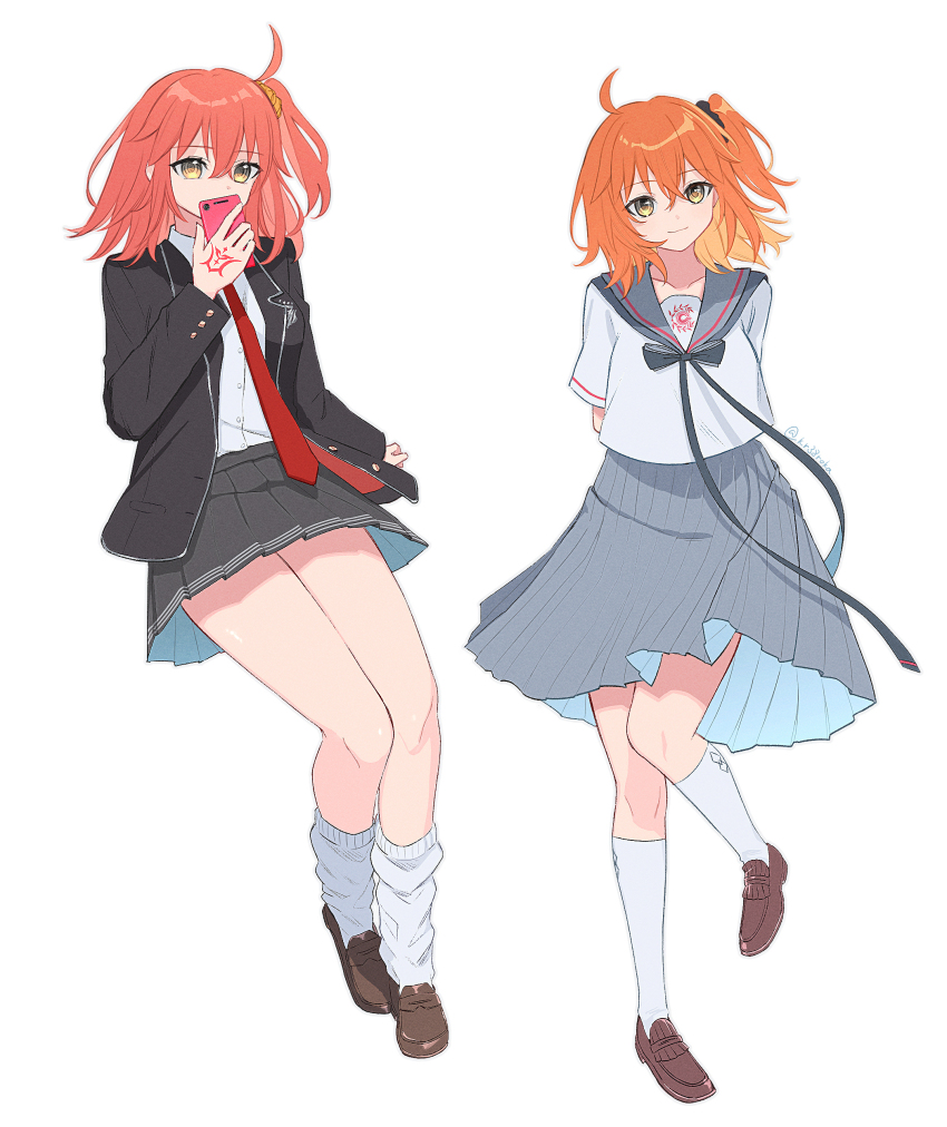 1girl, absurdres, ahoge, arms_behind_back, artist_name, black_scrunchie, blazer, bow