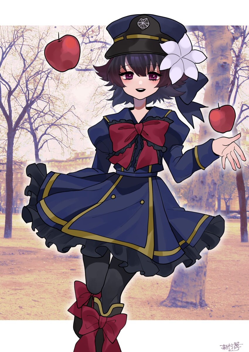 1girl, bad_id, bad_twitter_id, black_hair, blue_shirt, blue_skirt, chaos_snow_white_(gakuen)_(grimms_notes), chaos_snow_white_(grimms_notes)