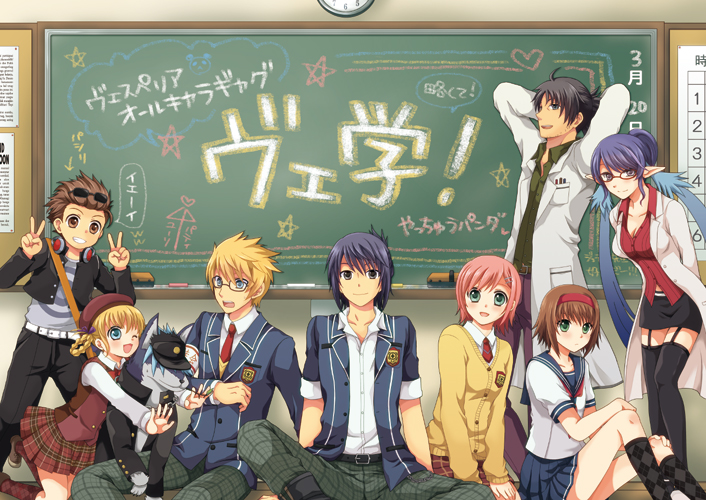 00s, 4boys, 4girls, alternate_costume, alternate_hairstyle, argyle_clothes, argyle_legwear, badge