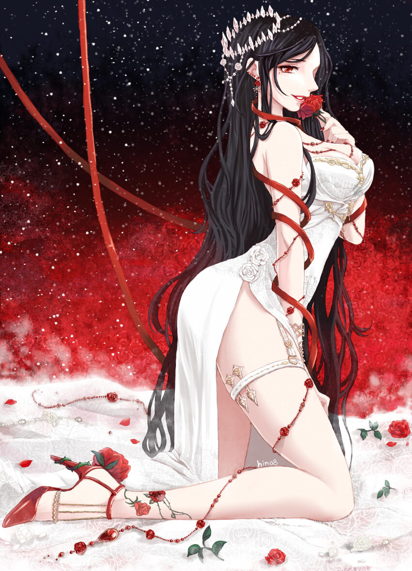 1girl, arm_ribbon, beads, belt, belt_buckle, black_hair, black_sky, breasts