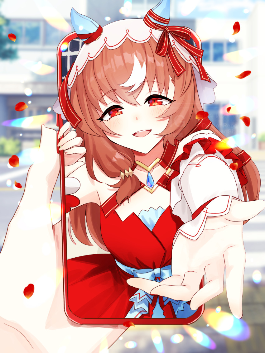 1girl, 1other, absurdres, animal_ears, blush, brown_hair, cellphone, detached_sleeves