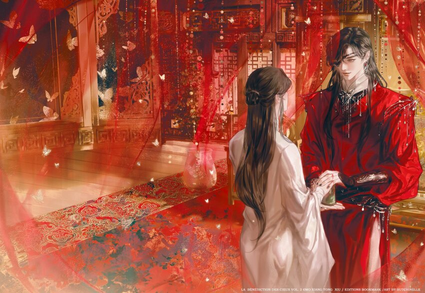 2boys, architecture, artist_name, black_hair, black_nails, bracer, bug, butchinelle