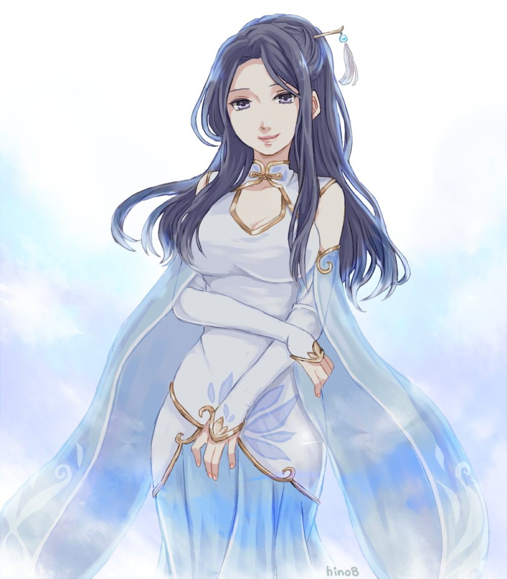 1girl, bare_shoulders, black_hair, blue_background, blue_cape, blue_skirt, breasts, bridal_gauntlets