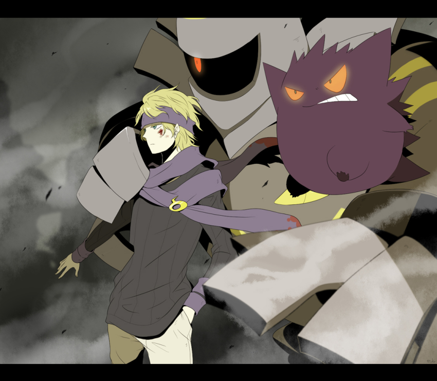 00s, 1boy, blonde_hair, blood, dark, dusknoir, epic, gen_1_pokemon