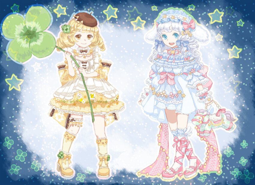 2girls, animal_bag, animal_ears, ankle_bow, ankle_ribbon, ankle_wings, back_bow, bag, bare_shoulders, beret, blonde_hair, blue_background, blue_bow, blue_choker, blue_dress, blue_eyes, blue_hairband, blue_socks, blunt_bangs, bow, bow_button, bow_hairband, bowtie, brooch, brown_bow, brown_bowtie, brown_eyes, brown_hat, choker, cinnamoroll, cinnamoroll_(cosplay), cinnamoroll_(miracle_nikki), closed_mouth, clover, clover_hair_ornament, collar, colored_eyelashes, cosplay, crescent, crescent_hair_ornament, detached_collar, dress, dress_bow, drill_hair, fake_animal_ears, fingerless_gloves, floral_print, four-leaf_clover, four-leaf_clover_hair_ornament, frilled_anklet, frilled_choker, frilled_collar, frilled_dress, frilled_hairband, frilled_sleeves, frilled_socks, frilled_thigh_strap, frills, full_body, fur-trimmed_sleeves, fur-trimmed_wrist_cuffs, fur_gloves, fur_trim, fuwa_fuwa_cinnamoroll, gloves, grey_hair, hair_bow, hair_ornament, hairband, hat, high_collar, high_heels, hino_(8), holding, holding_bag, holding_plant, horse, jewelry, kneehighs, lace-trimmed_bow, lace_trim, large_bow, leg_ribbon, lolita_fashion, lolita_hairband, long_hair, long_sleeves, medium_dress, miniskirt, miracle_nikki, multiple_girls, multiple_hat_bows, neck_ribbon, nikki_(series), off-shoulder_dress, off_shoulder, open_mouth, outline, oversized_plant, pink_bow, pink_ribbon, pink_shoes, pink_wrist_cuffs, plant, pompompurin, pompompurin_(cosplay), pompompurin_(miracle_nikki), puffy_long_sleeves, puffy_short_sleeves, puffy_sleeves, pumps, rabbit_ears, ribbon, sanrio, shoes, short_sleeves, skirt, skirt_under_dress, sky, smile, socks, standing, star_(sky), star_(symbol), star_brooch, star_hair_ornament, star_print, starry_sky, striped_clothes, striped_dress, tareme, teeth, thigh_strap, twin_drills, two-tone_background, upper_teeth_only, vertical-striped_clothes, vertical-striped_dress, waist_bow, wavy_hair, white_background, white_bag, white_bow, white_collar, white_dress, white_gloves, white_outline, wings, wrist_cuffs, yellow_bow, yellow_shoes, yellow_skirt, yellow_sleeves, yellow_socks