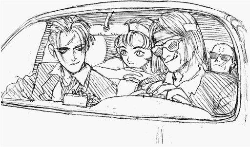 1girl, 3boys, annie_hamilton, atlus, car, gouketsuji_ichizoku, greyscale, hairband