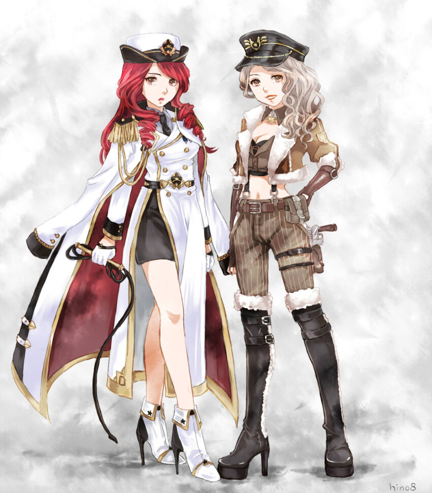 2girls, arm_belt, army_major_(miracle_nikki), bag, bare_legs, belt, belt_bag, belt_buckle