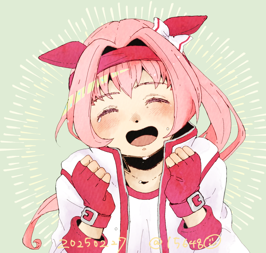 1girl, animal_ears, blush, bow, closed_eyes, collarbone, ear_bow, ear_covers, fingerless_gloves, gloves, hairband, haru_urara_(bestest_prize)_(umamusume), haru_urara_(umamusume), headband, horse_ears, horse_girl, ichigo6480, jacket, long_hair, open_clothes, open_jacket, open_mouth, pink_hair, pink_headband, ponytail, red_headband, shirt, simple_background, smile, solo, tears, umamusume, upper_body, white_jacket, white_shirt