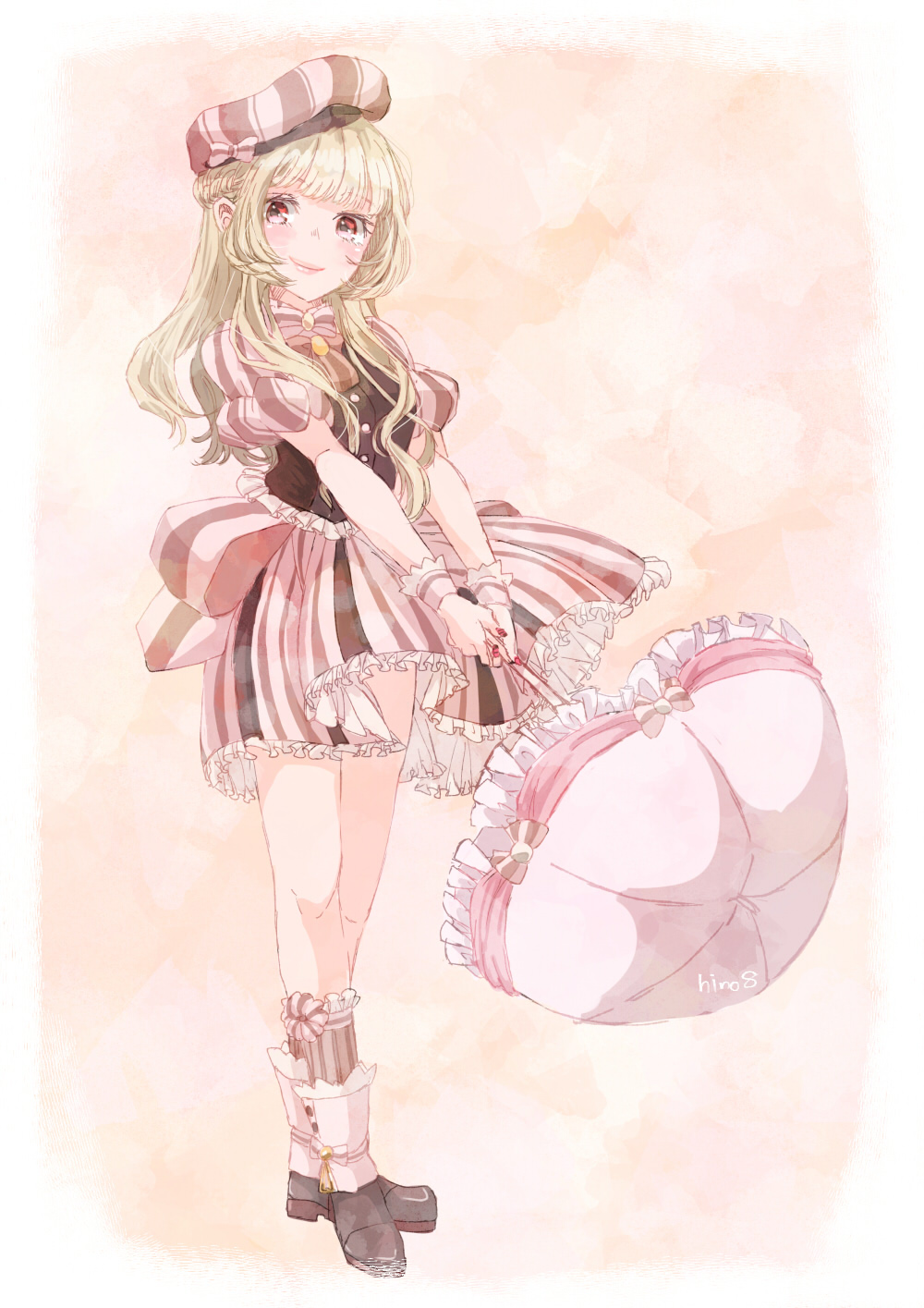 1girl, ankle_cuffs, ankle_socks, back_bow, beret, blunt_bangs, border, bow