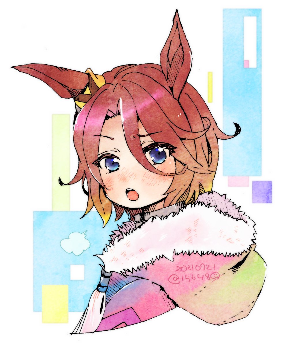 1girl, animal_ears, blue_eyes, blush, brown_hair, choker, ear_ornament, furry