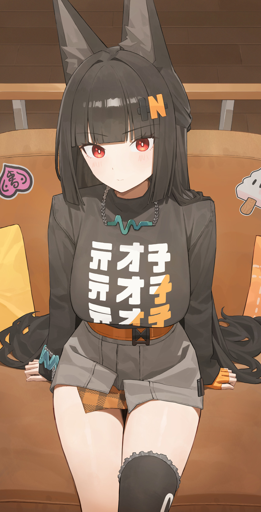 1girl, absurdres, animal_ears, belle_(zenless_zone_zero), belle_(zenless_zone_zero)_(cosplay), black_hair, black_shirt, black_thighhighs