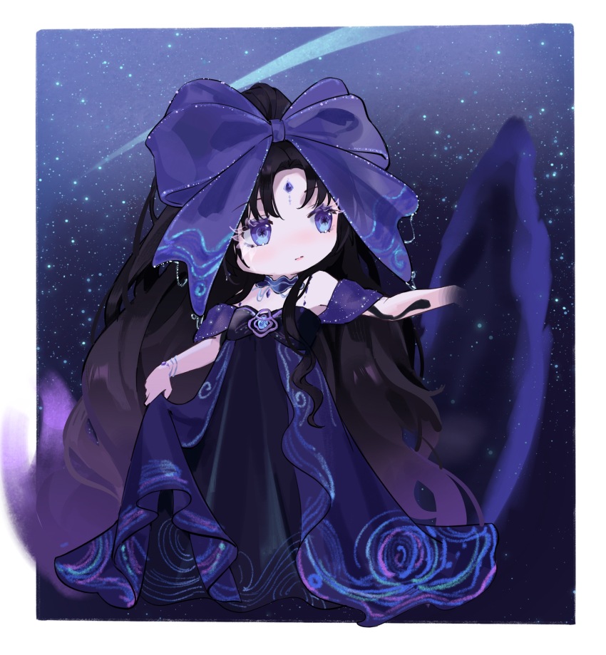 1girl, absurdly_long_hair, absurdres, bare_shoulders, black_dress, black_hair, black_hole, border