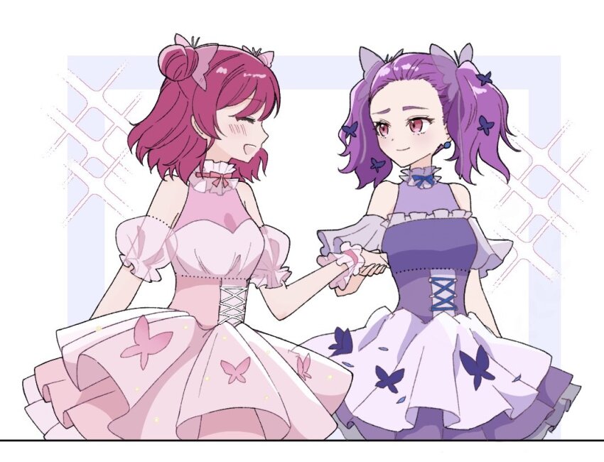 2girls, avbp9_8, blush, choker, closed_eyes, closed_mouth, commentary_request, detached_sleeves