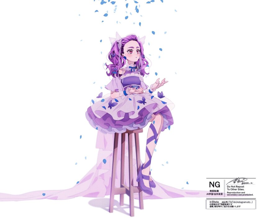 1girl, aoi_tete, blue_petals, blush, bow, butterfly_hair_ornament, detached_sleeves, dress