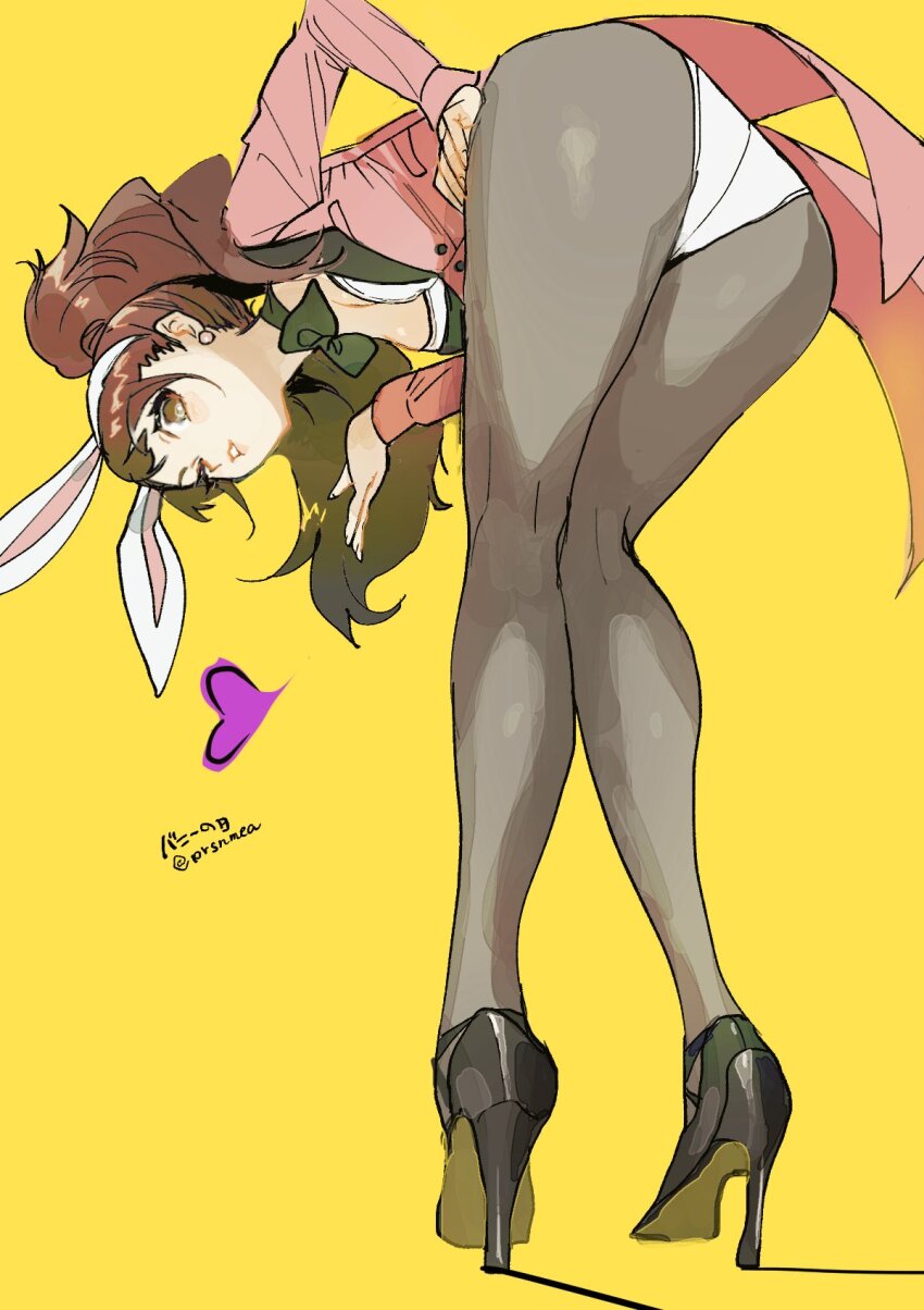 1girl, animal_ear_hairband, animal_ears, ass, black_shoes, blowing_kiss, bow, bowtie