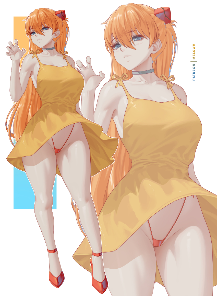 1girl, absurdres, bare_legs, bikini, bikini_bottom_only, black_choker, blue_eyes, breasts, choker, collarbone, curvy, dress, full_body, hairpods, hand_up, high_heels, highleg, highleg_bikini, highres, large_breasts, long_hair, looking_at_viewer, melowh, neon_genesis_evangelion, orange_hair, patreon_username, red_bikini, red_shoes, shiny_skin, shoes, simple_background, souryuu_asuka_langley, standing, super_highleg, swimsuit, thighs, thong, thong_bikini, two_side_up, wide_hips, yellow_dress, zoom_layer