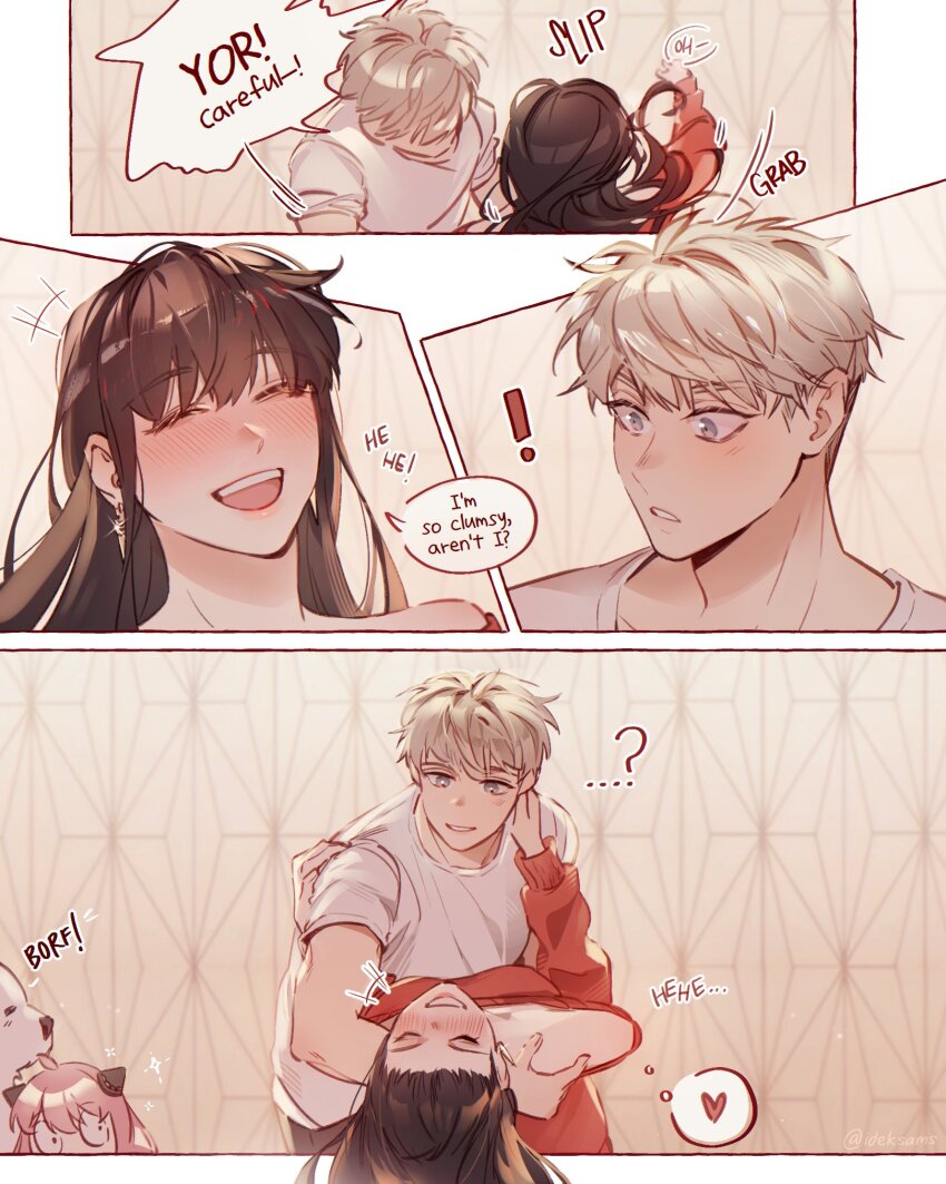 1boy, anya_(spy_x_family), black_hair, blonde_hair, blue_eyes, blush, bond_(spy_x_family), breasts