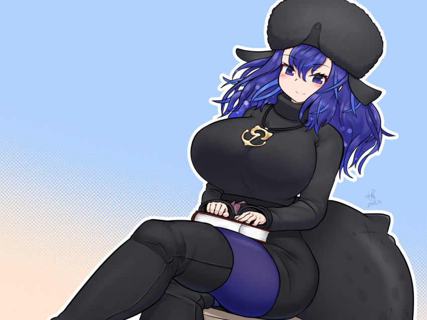 1girl, anchor_necklace, anchor_pendant, black_sweater, blue_eyes, blue_hair, blue_pantyhose, blush