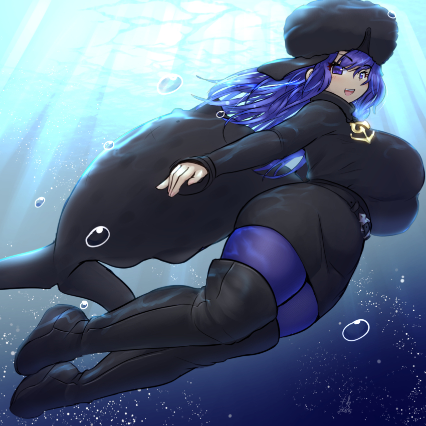 1girl, anchor_necklace, anchor_pendant, black_sweater, blue_eyes, blue_hair, blue_pantyhose, blush