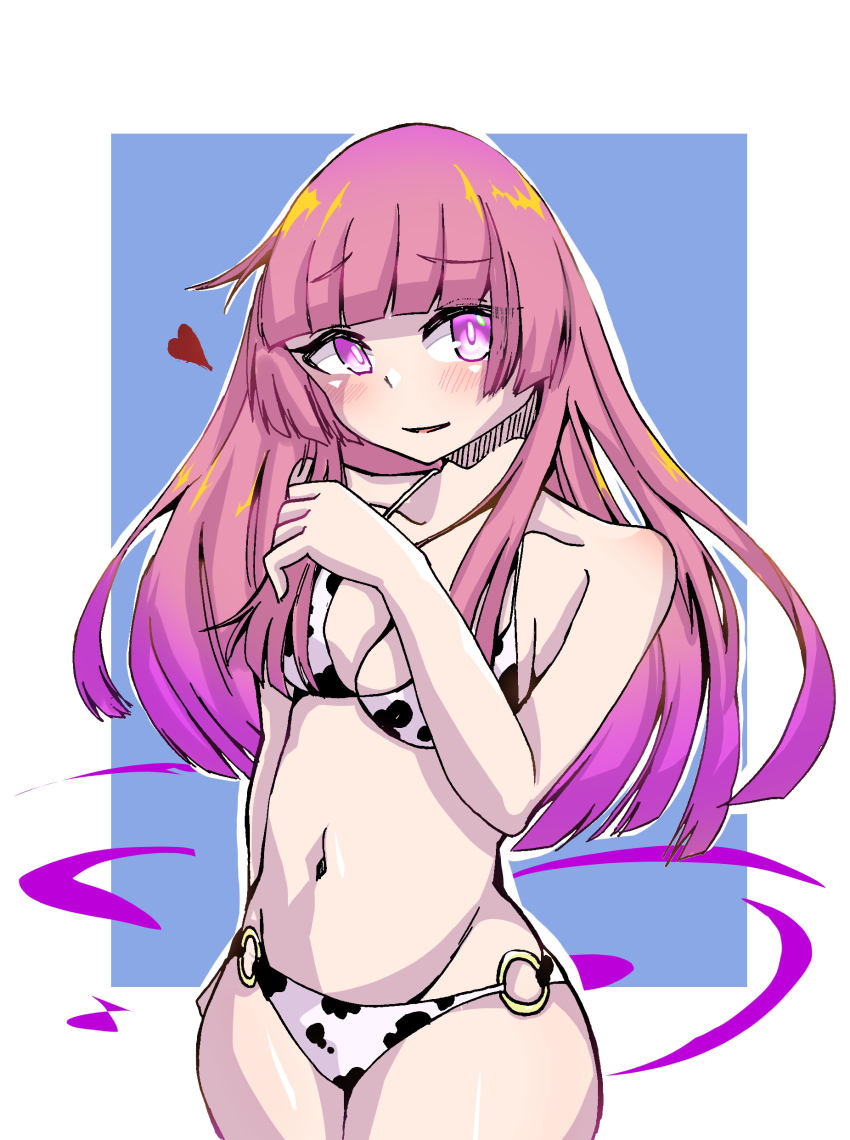 1girl, absurdres, amahara_shiro, animal_print, bikini, breasts, bright_pupils, chaos_juliet_(grimms_notes), cow_print, cow_print_bikini, grimms_notes, heart, highres, long_hair, medium_breasts, parted_lips, pink_eyes, pink_hair, print_bikini, smile, solo, swimsuit, white_pupils