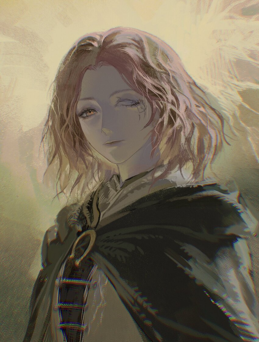 1girl, brown_eyes, brown_hair, cape, closed_mouth, commentary, dress, elden_ring