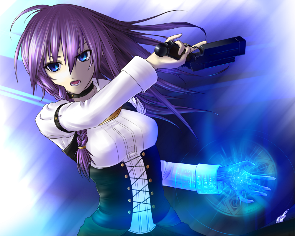 1girl, alternate_costume, blue_eyes, braid, breasts, corset, female_focus, gun, long_hair, maria_traydor, purple_hair, sidelocks, solo, square_enix, star_ocean, star_ocean:_till_the_end_of_time, weapon, zankantou_(zankantou763)