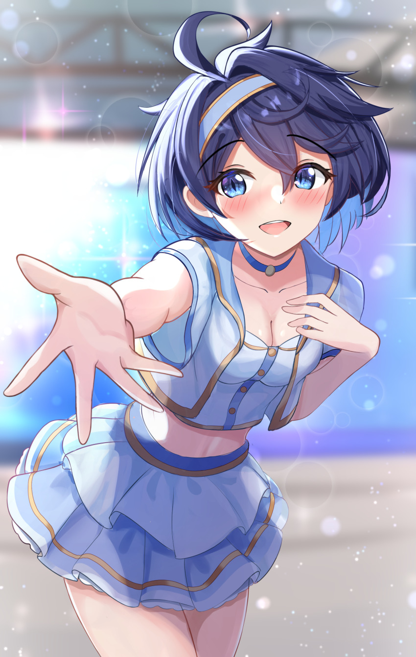 1girl, absurdres, blue_choker, blue_eyes, blue_hair, blush, breasts, choker