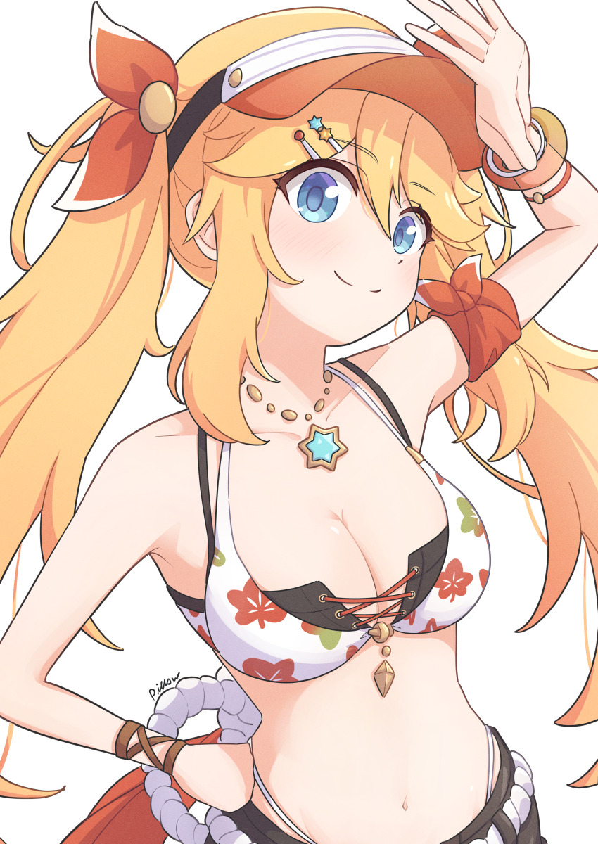 1girl, absurdres, arm_up, artist_name, bikini, black_bikini, blonde_hair, blue_eyes