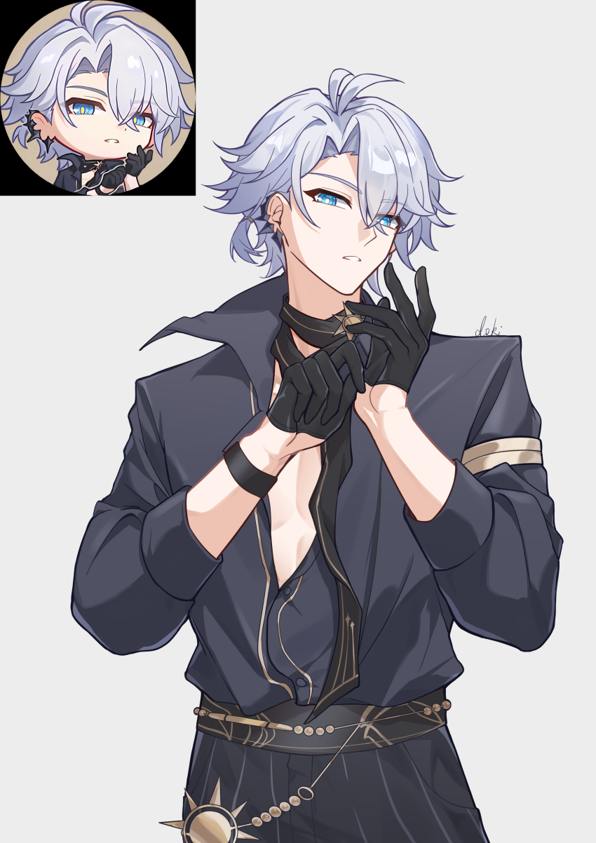 1boy, absurdres, adjusting_clothes, artist_name, belt, black_gloves, black_pants, black_shirt