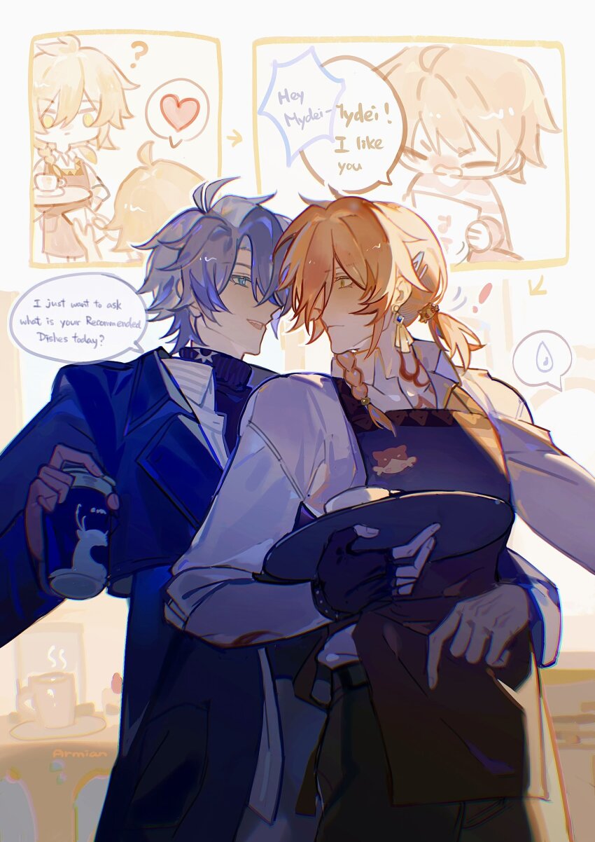 2boys, antenna_hair, apron, armian, black_sweater, blue_coat, blue_eyes, blush