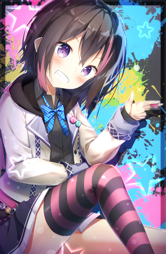 1girl, asymmetrical_legwear, belt, black_hair, black_shirt, black_shoes, black_skirt, black_socks