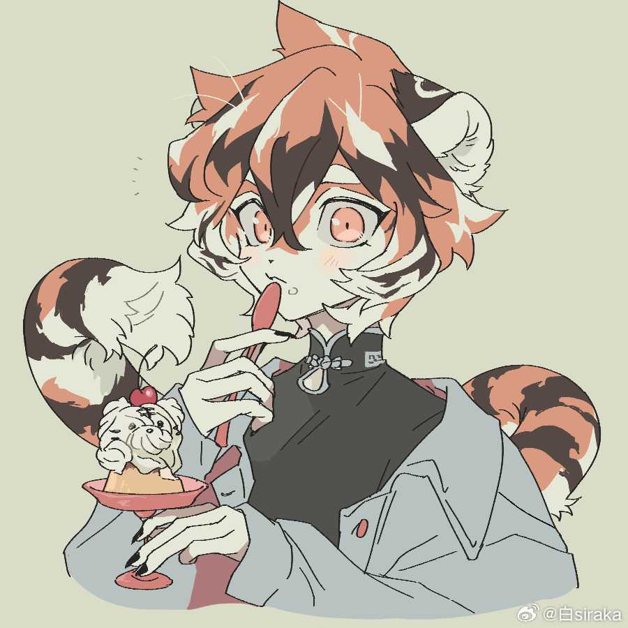 1girl, arknights, black_nails, blush, commentary_request, cropped_shoulders, food, food_on_face, furry, furry_female, hair_between_eyes, holding, holding_spoon, ice_cream, looking_at_viewer, orange_eyes, pudding, short_hair, simple_background, sirakaro, solo, spoon, tiger_girl, waai_fu_(arknights)