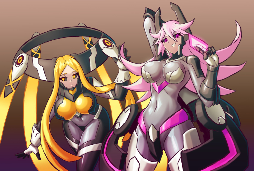 2girls, absurdres, azure_striker_gunvolt, azure_striker_gunvolt_2, black_sclera, blonde_hair, bodysuit, breasts, card, colored_sclera, desna, grey_bodysuit, highres, holding, holding_card, impossible_bodysuit, impossible_clothes, large_breasts, monitron, multiple_girls, nike_(gunvolt), pantera_(gunvolt), purple_eyes, purple_hair, skin_tight, yellow_eyes