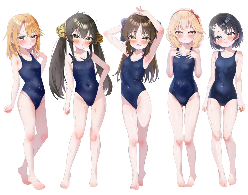 5girls, :/, :o, absurdres, armpit_crease, armpits, arms_up, bare_arms, bare_legs, barefoot, black_hair, blonde_hair, blue_bow, blue_one-piece_swimsuit, blush, bow, bow_hairband, breasts, brown_hair, chestnut_mouth, collarbone, commentary, covered_navel, fella_(vpffk0731), fingernails, full_body, gluteal_fold, green_eyes, groin, hair_bow, hair_ornament, hairband, hairclip, hand_on_own_hip, hands_on_own_chest, highleg, highleg_one-piece_swimsuit, highres, idolmaster, idolmaster_cinderella_girls, lineup, long_hair, looking_at_viewer, matoba_risa, medium_hair, multiple_girls, one-piece_swimsuit, orange_hair, presenting_armpit, rabbit_hair_ornament, red_hairband, sakurai_momoka, sasaki_chie, school_swimsuit, short_hair, simple_background, small_breasts, smile, straight_hair, sweat, swimsuit, tachibana_arisu, thigh_gap, toenails, toes, twintails, v, very_long_hair, white_background, yuuki_haru