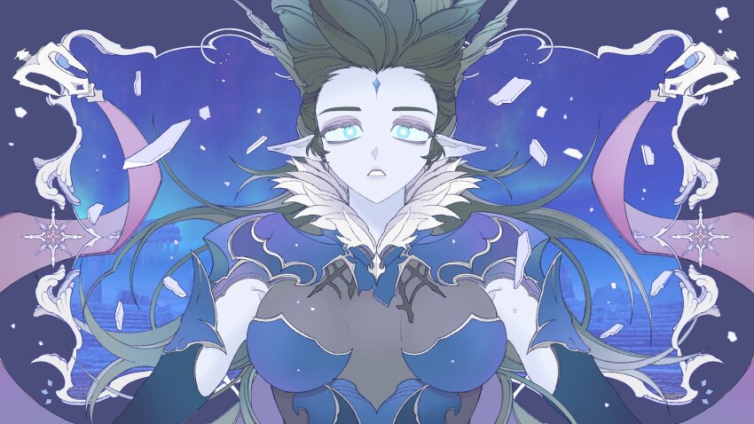 1girl, armpit_cutout, black_gloves, black_hair, blue_dress, blue_eyes, border, breasts