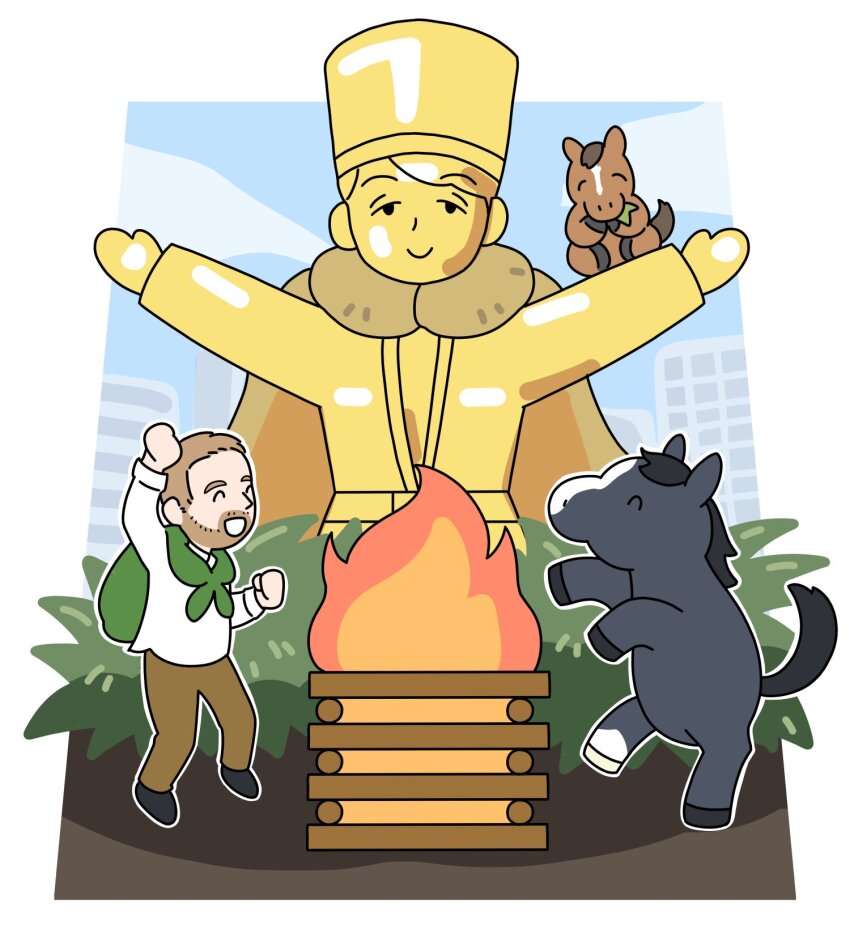 2boys, bonfire, brown_hair, brown_pants, christophe_lemaire, do_deuce_(racehorse), eating, equinox_(racehorse)