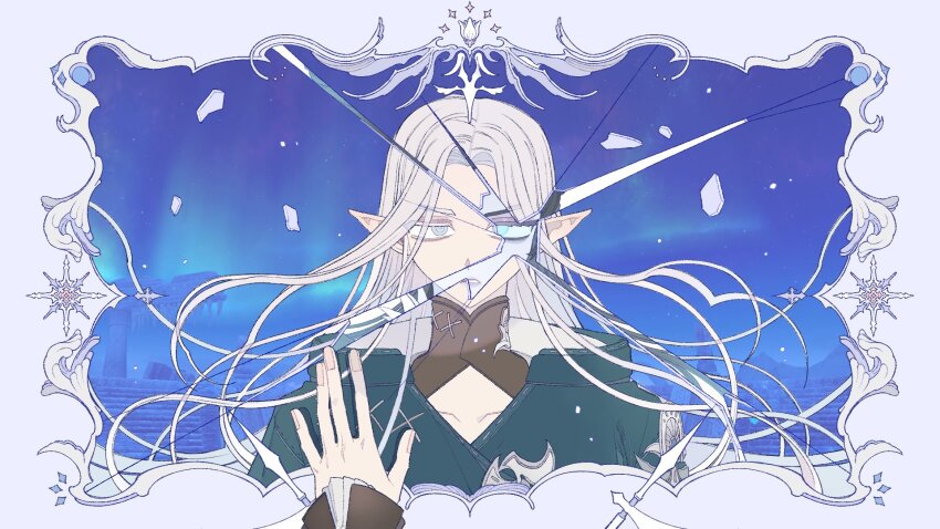 1girl, aqua_jacket, blue_eyes, border, broken_glass, collarbone, colored_eyelashes, colored_skin, commission, curtained_hair, eogo_(mopidona), final_fantasy, final_fantasy_xiv, glass, grey_skin, hand_on_mirror, heterochromia, highres, jacket, jitome, korean_commentary, long_hair, looking_at_viewer, mandarin_collar, ornate_border, parted_bangs, parted_lips, pointy_ears, possessed, possession, pov, pov_hands, purple_border, reflection, reflection_focus, revealing_layer, shiva_(final_fantasy), sleeves_past_wrists, snowflakes, solo, square_enix, straight-on, upper_body, white_hair, ysayle_dangoulain