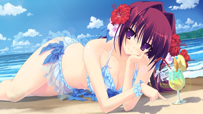 1girl, beach, bikini, breasts, cleavage, cloud, day, drink