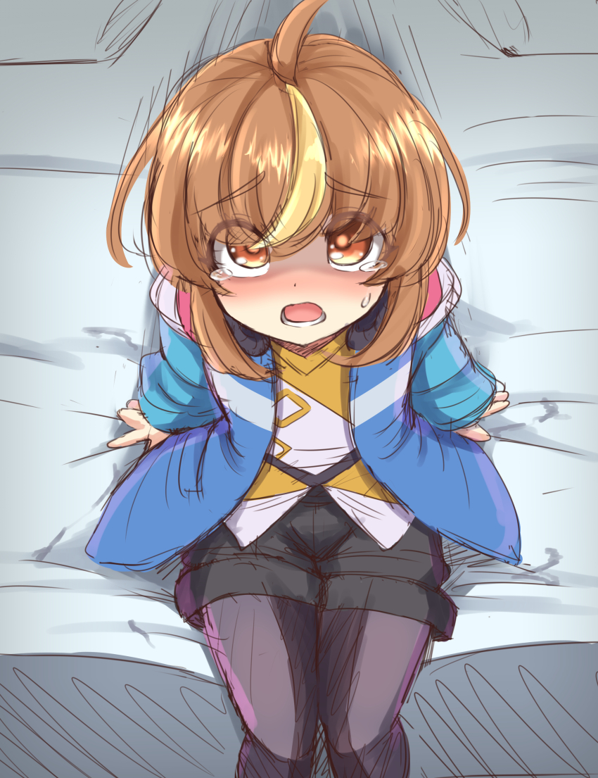 1boy, absurdres, ahoge, azure_striker_gunvolt, azure_striker_gunvolt_3, blue_jacket, blush, brown_eyes, brown_hair, harimao_(hanzou_uji), highres, jacket, pantyhose, shiron_(gunvolt), sitting, solo, tears