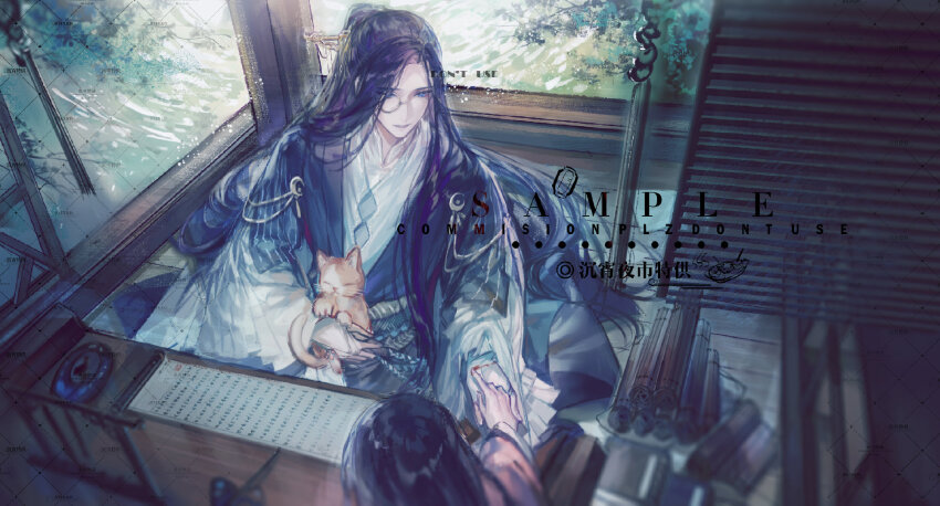 1boy, 1girl, animal, architecture, bamboo_screen, bamboo_slips, black_hair, blood