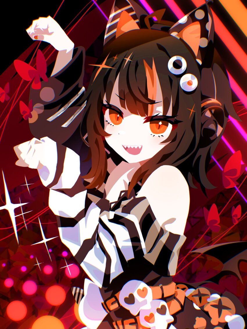1girl, :d, ahoge, animal_ear_headphones, animal_ears, black_hair, blunt_bangs, bug, butterfly, cat_ear_headphones, cat_ears, commentary_request, detached_sleeves, eyeball_hair_ornament, fake_animal_ears, hands_up, headphones, heart, highres, insect, looking_at_viewer, magical_girl, mahou_shoujo_no_majo_saiban, medium_hair, multicolored_hair, open_mouth, orange_eyes, orange_nails, otomebakudan, paw_pose, sawatari_coco, sharp_teeth, skull, smile, solo, sparkle, streaked_hair, teeth, upper_body