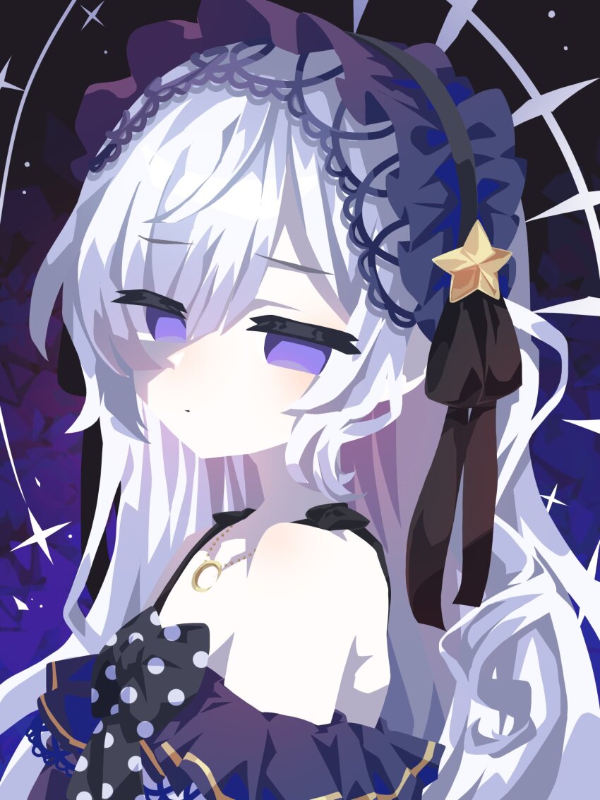 1girl, bare_shoulders, black_ribbon, bow, closed_mouth, commentary_request, crescent, crescent_necklace
